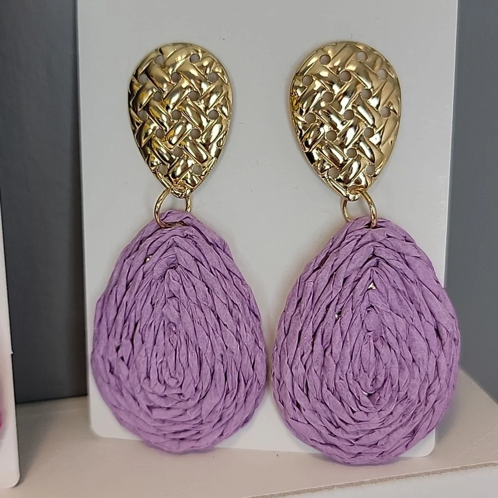 Boho Earrings Raffia Wrapped Teardrop Dangle Green Purple Orange Yellow Brown